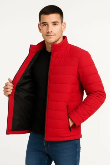Bomber Mont Su İtici Kapitone Astarlı Fermuarlı Cepli Ceket - Kırmızı