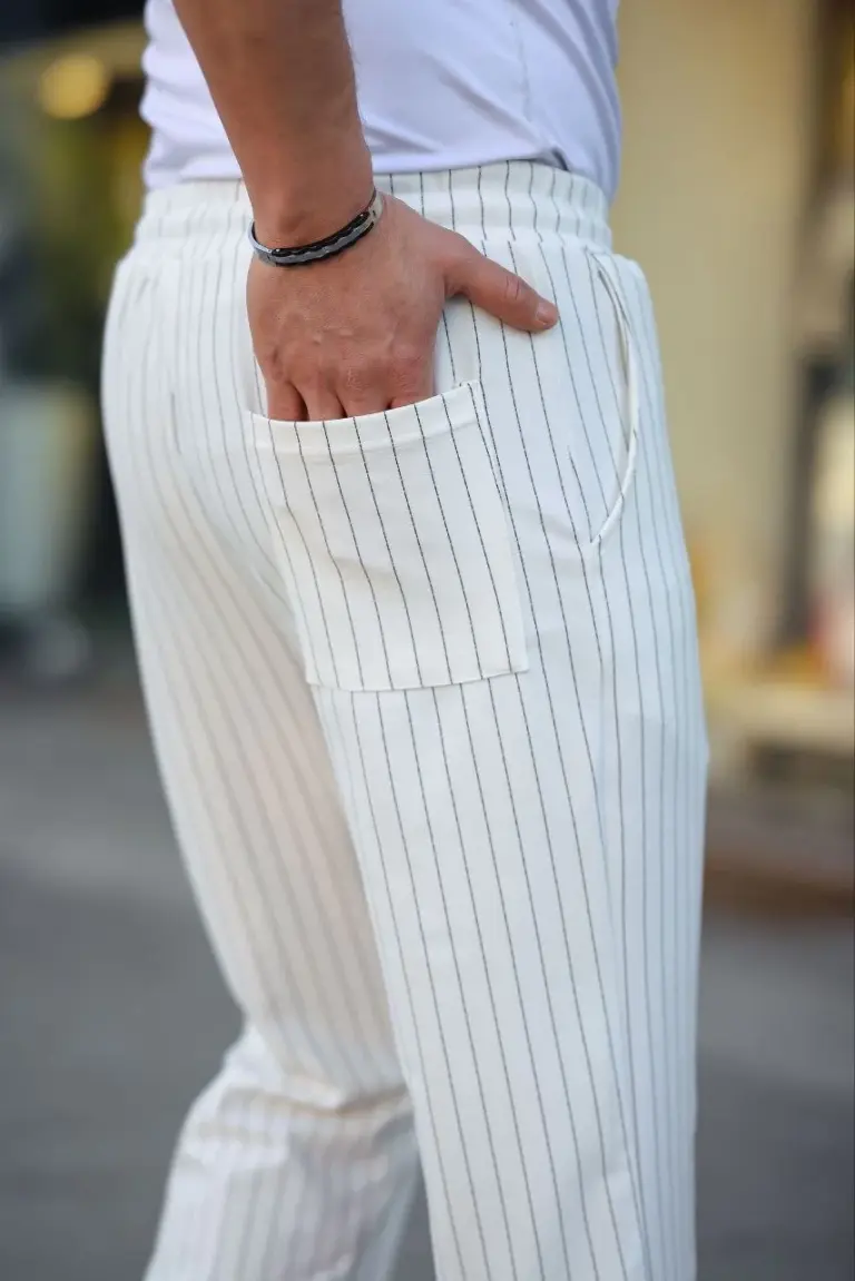 Cizgili Dokuma Krep Jogger Buggy Pantolon Rahat kalıp - Beyaz