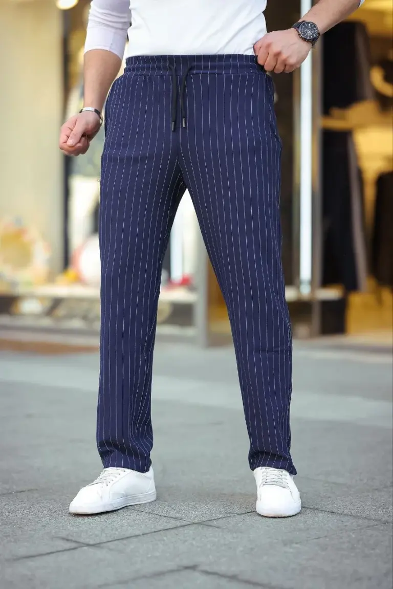 Cizgili Dokuma Krep Jogger Buggy Pantalon Rahat kalıp - Lacivert