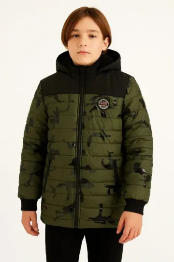 Çocuk Kamuflaj Desenli Peluş Astarlı Kapüşonlu Cepli Mont -  Haki