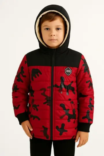 Çocuk Kamuflaj Desenli Peluş Astarlı Kapüşonlu Cepli Mont - Kırmızı
