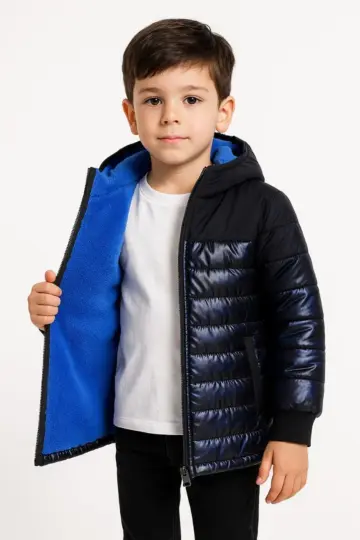 Çocuk Kamuflaj Desenli Peluş Astarlı Kapüşonlu Cepli Mont - Lacivert