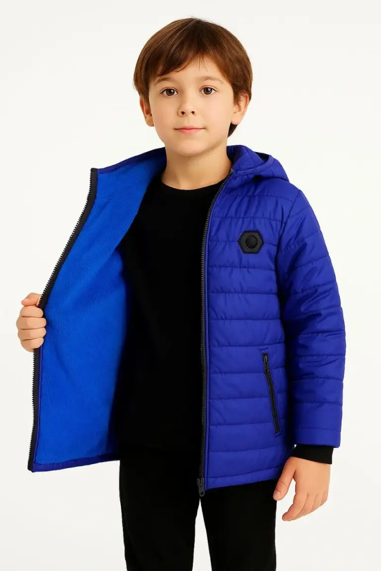 Çocuk Peluş Kürk Astarlı Cepli Kapüşonlu Fermuarlı Şişme Mont - Saks Mavisi
