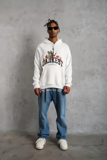 3 İplik Pamuklu Kapüşonlu Baskılı Cepli Oversize Sweatshirt Hoodie - Beyaz