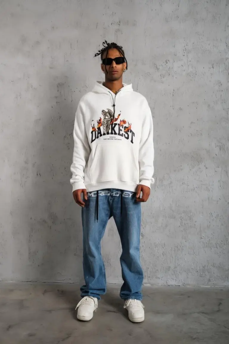 3 İplik Pamuklu Kapüşonlu Baskılı Cepli Oversize Sweatshirt Hoodie - Beyaz