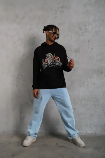 3 İplik Pamuklu Kapüşonlu Baskılı Cepli Oversize Sweatshirt Hoodie - Siyah