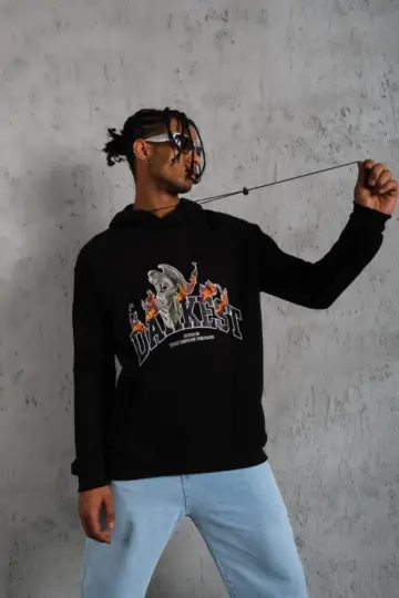 Kapüşonlu Kanguru Cepli Sweatshirt 3 İplik Pamuklu Baskılı Hoodie - Siyah