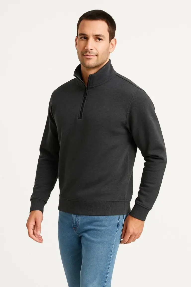 Dik Yaka Yarım Fermuarlı 3 İplik Pamuklu Sweatshirt - Antrasit