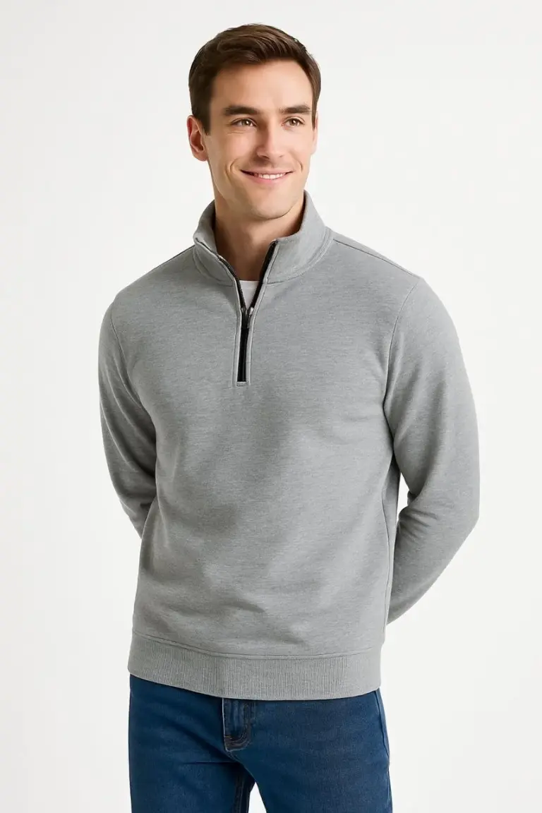 Dik Yaka Yarım Fermuarlı 3 İplik Pamuklu Sweatshirt - Gri