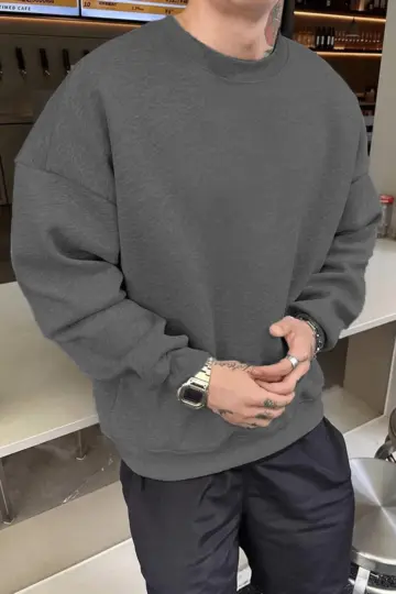 Düz Bisiklet Yaka 3 iplik pamuklu sweatshirt - Füme