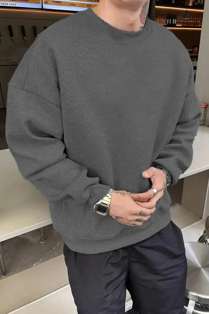 Düz Bisiklet Yaka 3 iplik pamuklu sweatshirt - Füme