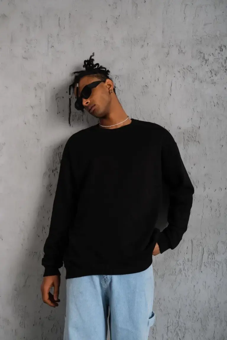 Bisiklet Yaka Baskılı 3 İplik Pamuklu Sweatshirt -  Siyah