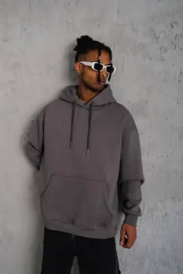 3 İplik Pamuklu Kapüşonlu Kanguru Cepli Sweatshirt Hoodie - Gri