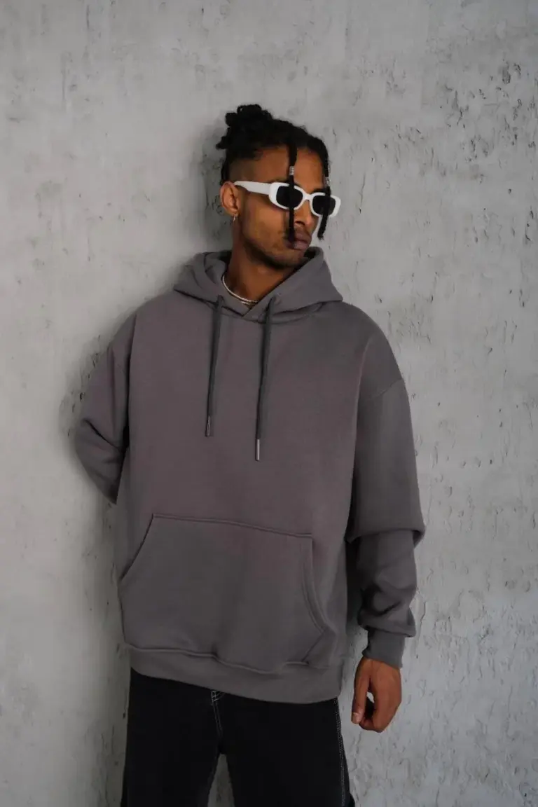 3 İplik Pamuklu Kapüşonlu Kanguru Cepli Sweatshirt Hoodie - Gri