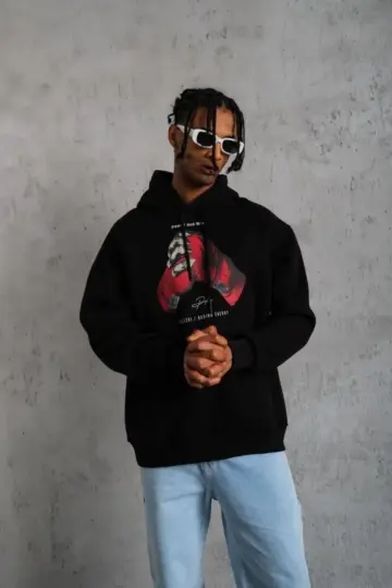 Kapüşonlu Cepli Box Eldiven Baskılı 3 İplik Sweatshirt Hoodie - Siyah