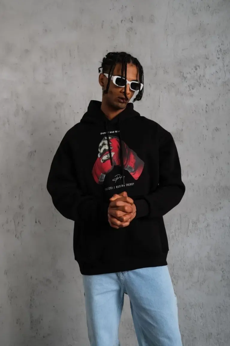 Kapüşonlu Cepli Box Eldiven Baskılı 3 İplik Sweatshirt Hoodie - Siyah