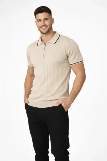 Yazlık Dokuma Triko Tişört Fermuarlı Polo Yaka Kısa Kol T-Shirt - Bej