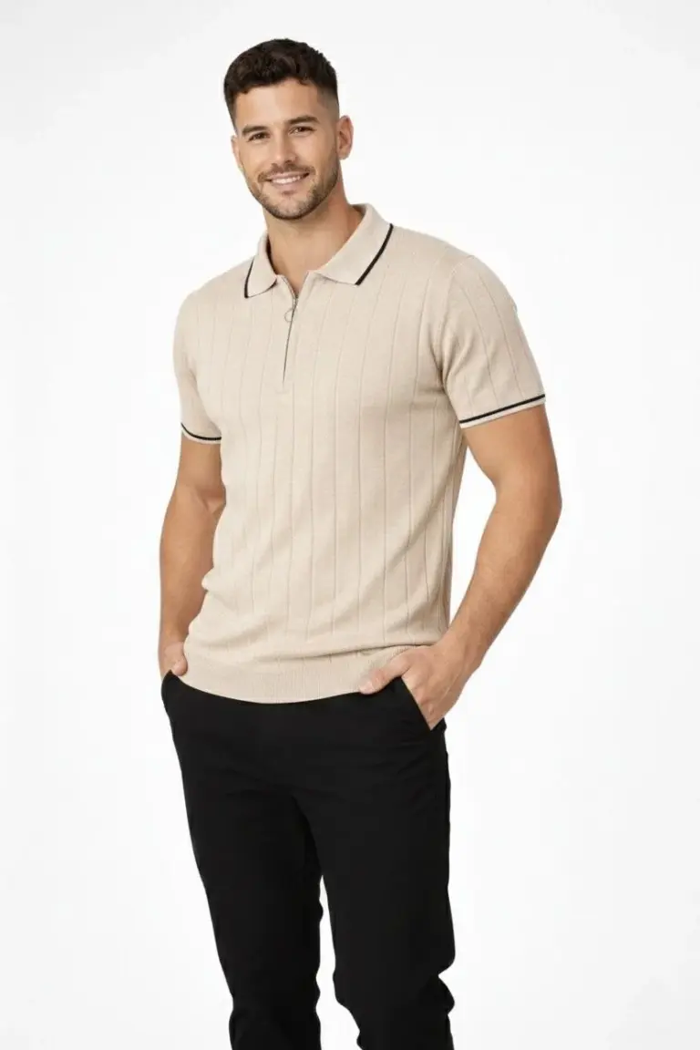 Yazlık Dokuma Triko Tişört Fermuarlı Polo Yaka Kısa Kol T-Shirt - Bej