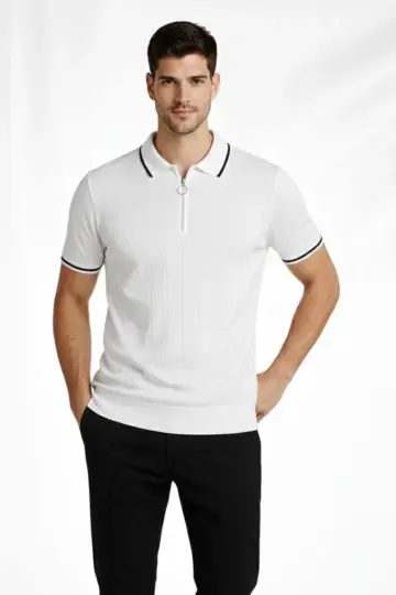 Yazlık Dokuma Triko Tişört Fermuarlı Polo Yaka Kısa Kol T-Shirt - Beyaz