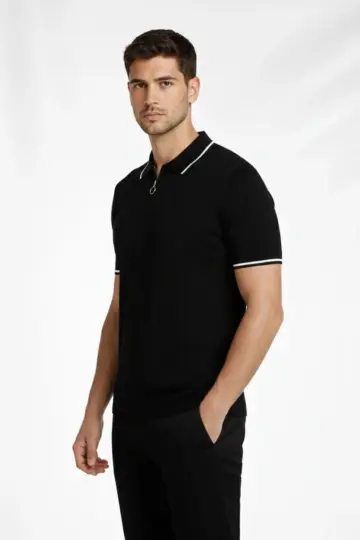 Yazlık Dokuma Triko Tişört Fermuarlı Polo Yaka Kısa Kol T-Shirt - Siyah