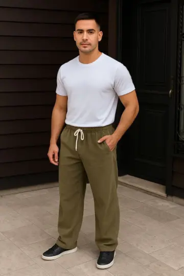 Fitilli Kadife Cepli Buggy Pantolon Oversize Rahat Kalıp - Haki