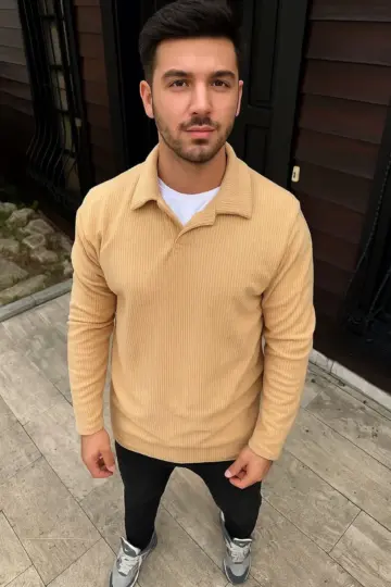 Fitilli Polar Sweatshirt Düğmesiz Yaka Oversize - Bej