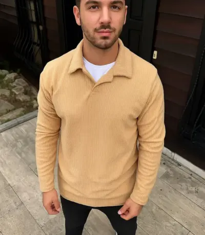 Fitilli Polar Sweatshirt Düğmesiz Yaka Oversize - Bej