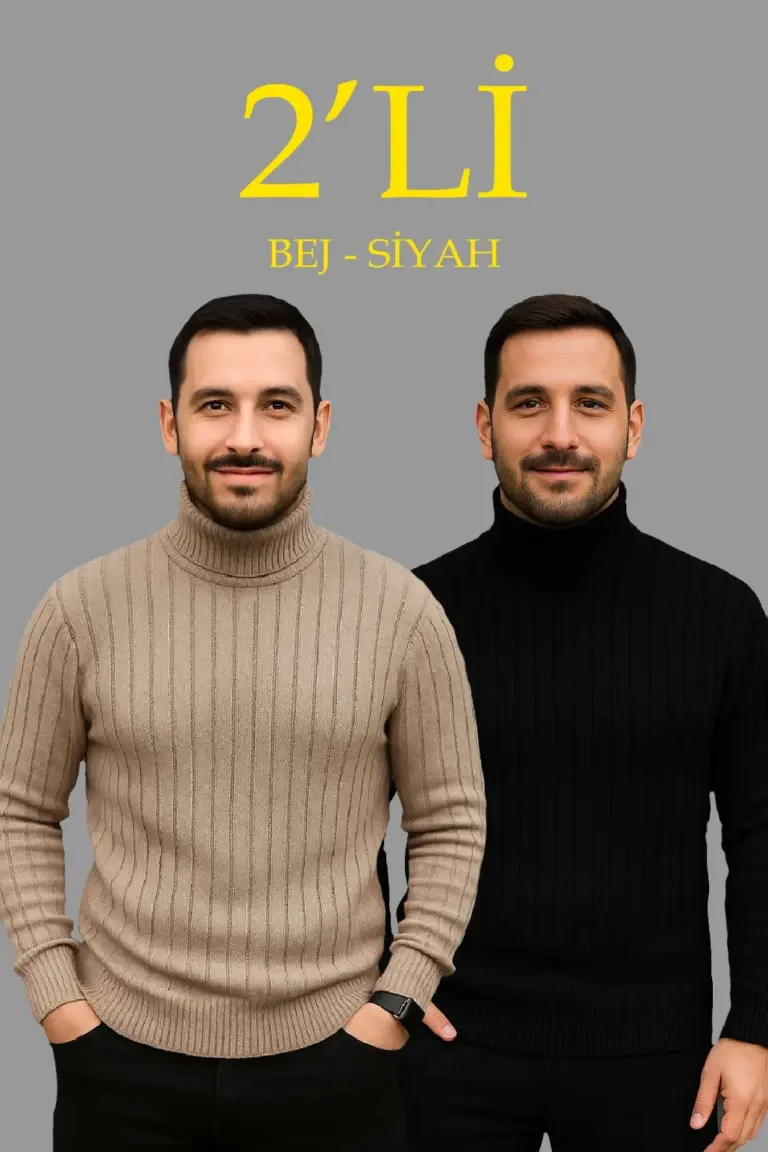 Fitilli Kazak Tam Boğazlı Balıkçı Yaka Triko 2'li Set Bej-Siyah