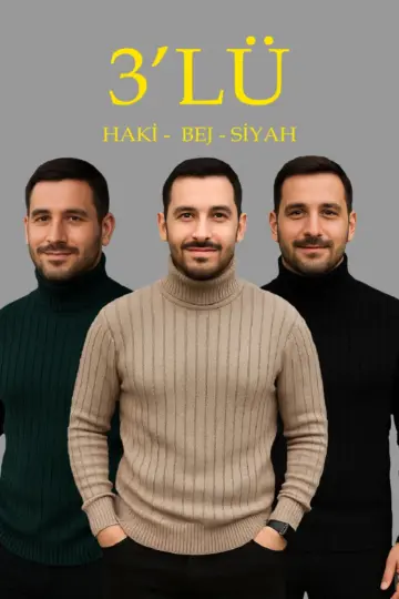 Fitilli Kazak Tam Boğazlı Balıkçı Yaka Triko 3'lü Set  Bej-Haki-Siyah