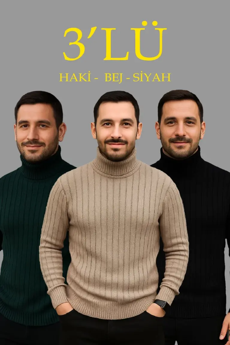 Fitilli Kazak Tam Boğazlı Balıkçı Yaka Triko 3'lü Set  Bej-Haki-Siyah