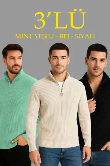 Fitilli Triko Kazak 3’lü Set Mint Yeşili Siyah Bej Kalın Dokuma Pamuklu Regular Fit