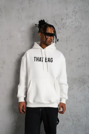 3 İplik Pamuklu Kapüşonlu Baskılı Cepli Oversize Sweatshirt Hoodie - Beyaz