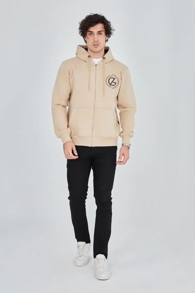 3 İplik Pamuklu Fermuarlı Kapüşonlu Kanguru Cepli Baskılı Hoodie Hırka Sweatshirt - Bej