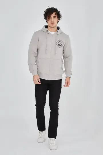 3 İplik Pamuklu Fermuarlı Kapüşonlu Kanguru Cepli Baskılı Hoodie Hırka Sweatshirt - Boyalı Gri