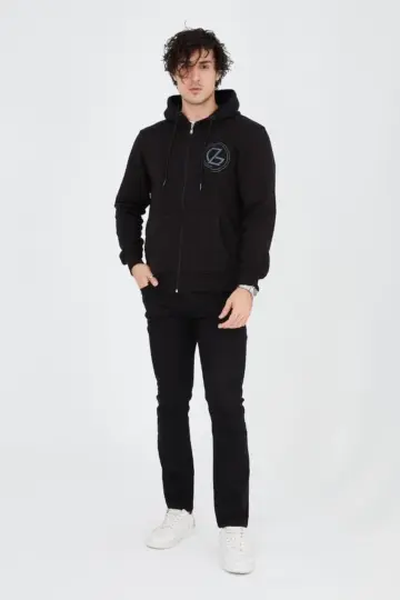 3 İplik Pamuklu Fermuarlı Kapüşonlu Kanguru Cepli Baskılı Hoodie Hırka Sweatshirt - Siyah
