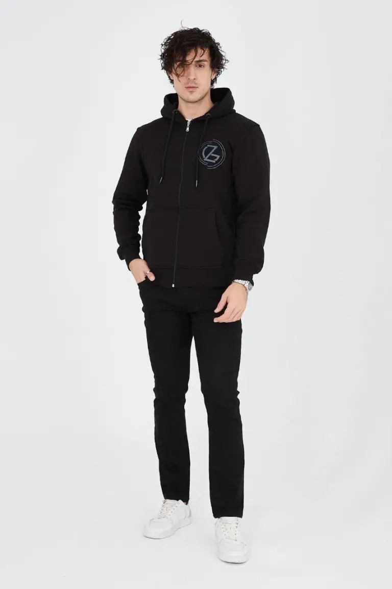 3 İplik Pamuklu Fermuarlı Kapüşonlu Kanguru Cepli Baskılı Hoodie Hırka Sweatshirt - Siyah