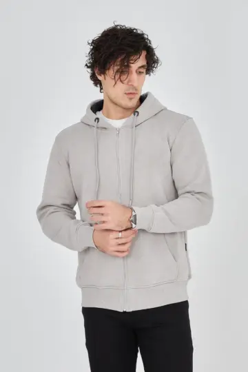 3 İplik Pamuklu Fermuarlı Kapüşonlu Kanguru Cepli Hoodie Hırka Sweatshirt - Boyalı Gri
