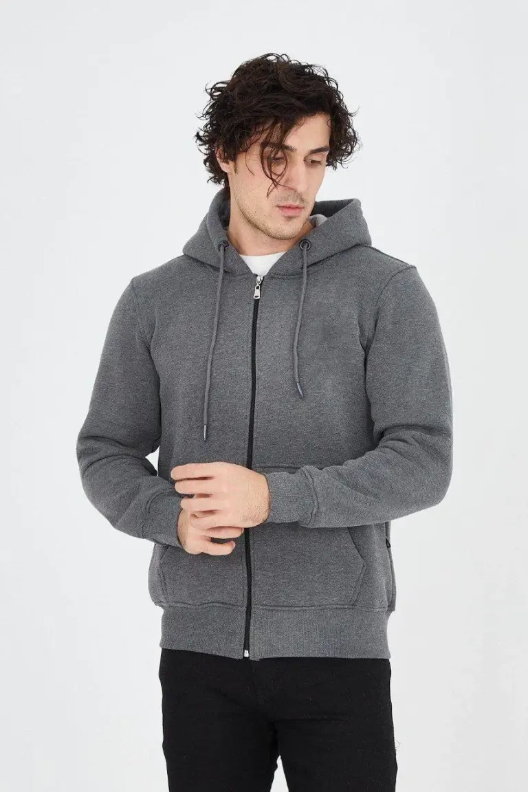3 İplik Pamuklu Fermuarlı Kapüşonlu Kanguru Cepli Hoodie Hırka Sweatshirt - Füme