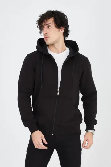3 İplik Pamuklu Fermuarlı Kapüşonlu Kanguru Cepli Hoodie Hırka Sweatshirt - Siyah