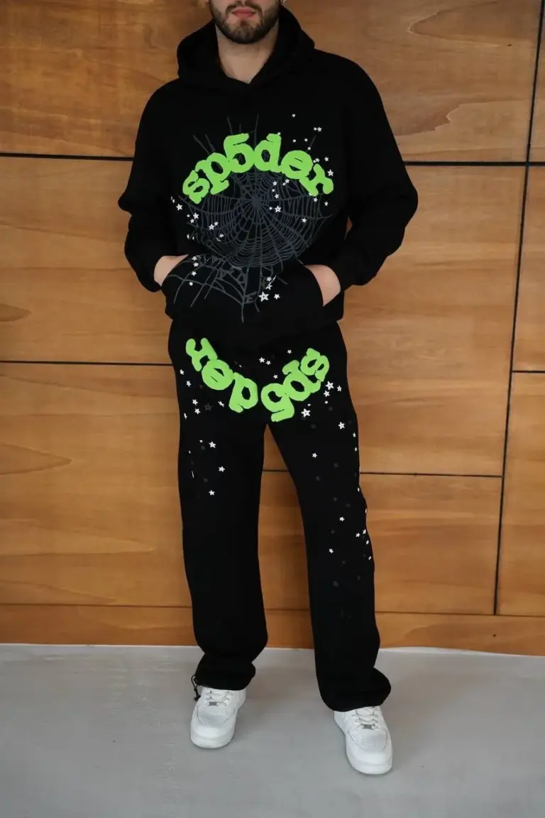 Kapüşonlu Eşofman Takım Örümcek Ağı ve Neon Yeşil Baskılı Kanguru cepli - Siyah