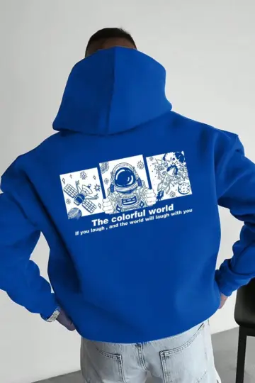 Baskılı Kapüşonlu Cepli Hoodie 3 İplik Pamuklu Sweatshirt - Saks Mavisi
