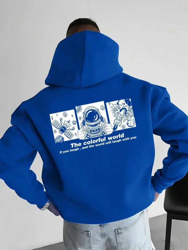 Baskılı Kapüşonlu Cepli Hoodie 3 İplik Pamuklu Sweatshirt - Saks Mavisi