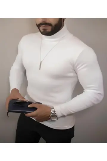 Kaşkorse Boğazlı Full Likralı Fitilli Body Kazak - Beyaz