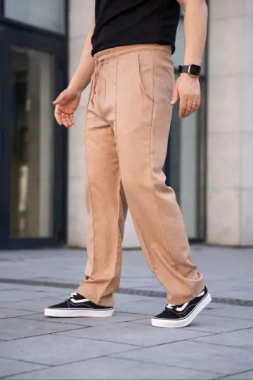 Keten Cepli Çıma Dikişli jogger Buggy Pantalon Rahat kalıp - Kahverengi