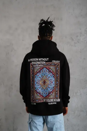 3 İplik Pamuklu Kapüşonlu Baskılı Cepli Oversize Sweatshirt Hoodie - Siyah