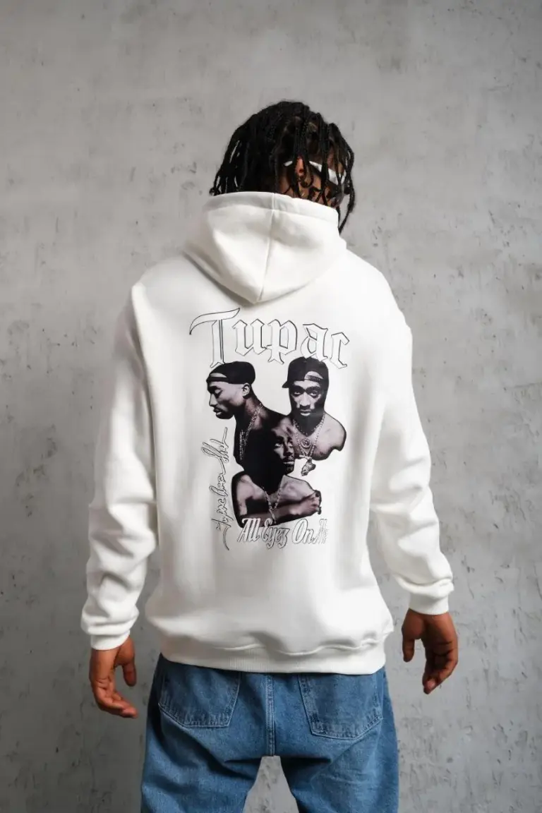 Kapüşonlu Kanguru Cepli Sweatshirt 3 İplik Pamuklu Baskılı Hoodie - Beyaz