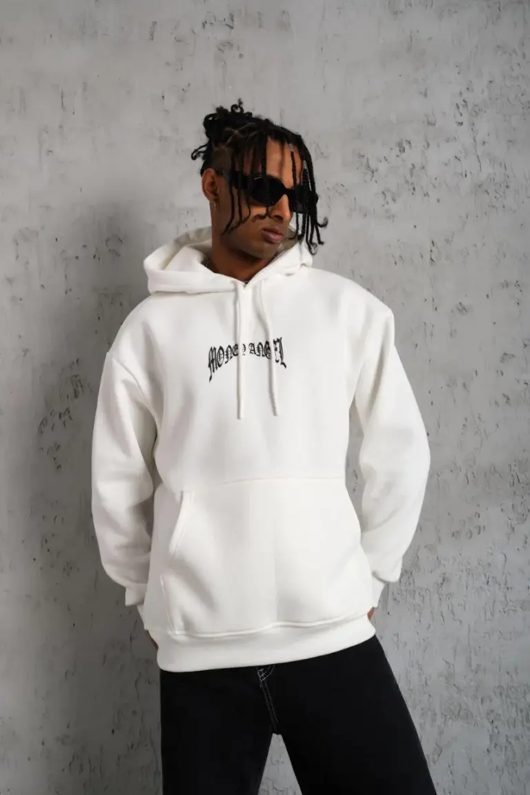 3 İplik Pamuklu Baskılı Kapüşonlu Cepli Sweatshirt Hoodie - Beyaz