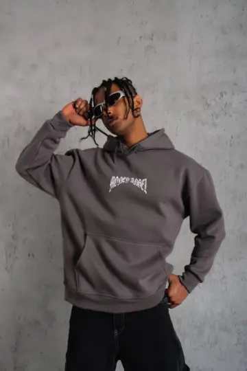 3 İplik Pamuklu Baskılı Kapüşonlu Cepli Sweatshirt Hoodie - Füme