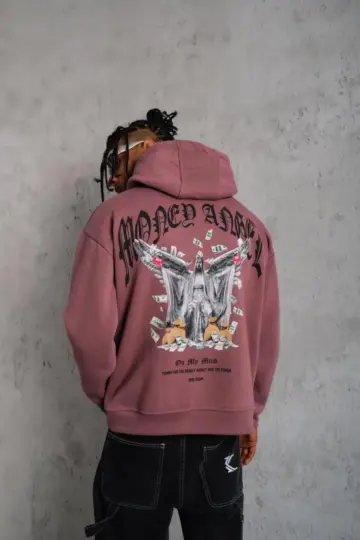 3 İplik Pamuklu Baskılı Kapüşonlu Cepli Sweatshirt Hoodie - Gül Kurusu