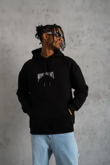 3 İplik Pamuklu Baskılı Kapüşonlu Cepli Sweatshirt Hoodie - Siyah